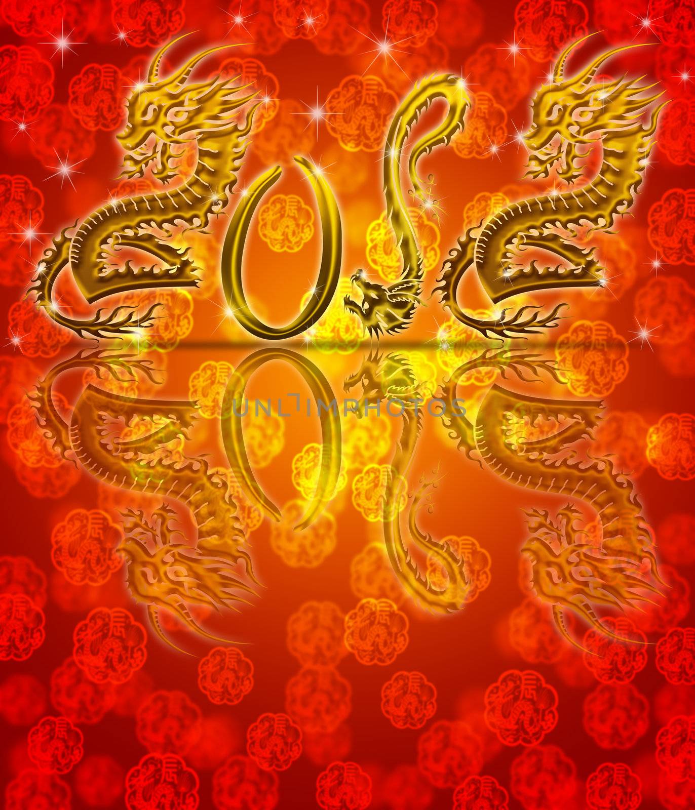 Golden Metallic 2012 Chinese Oriental Dragon on Red Blurred Background Illustration