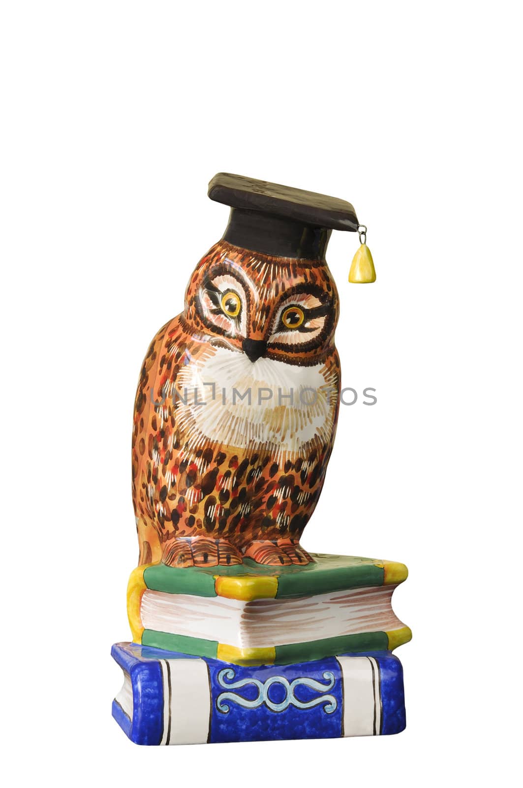 Figure of an owl with books on the white isolated background
