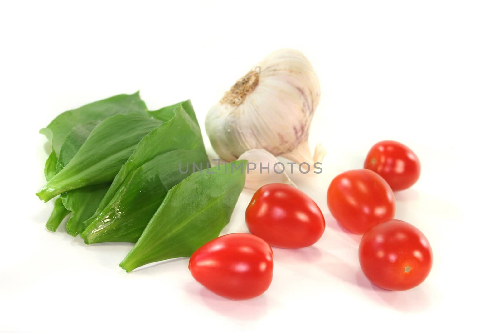 Wild garlic with tomatoes and garlic on a white background