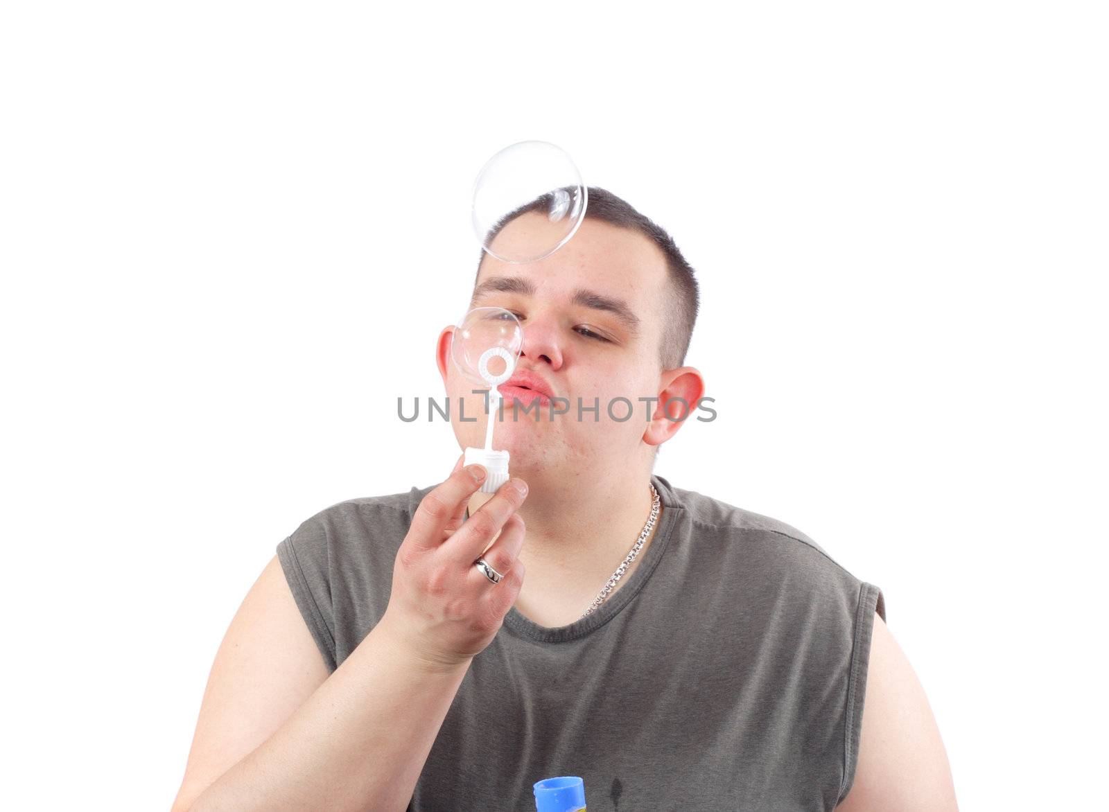 Man and soap-bubble photo on the white background