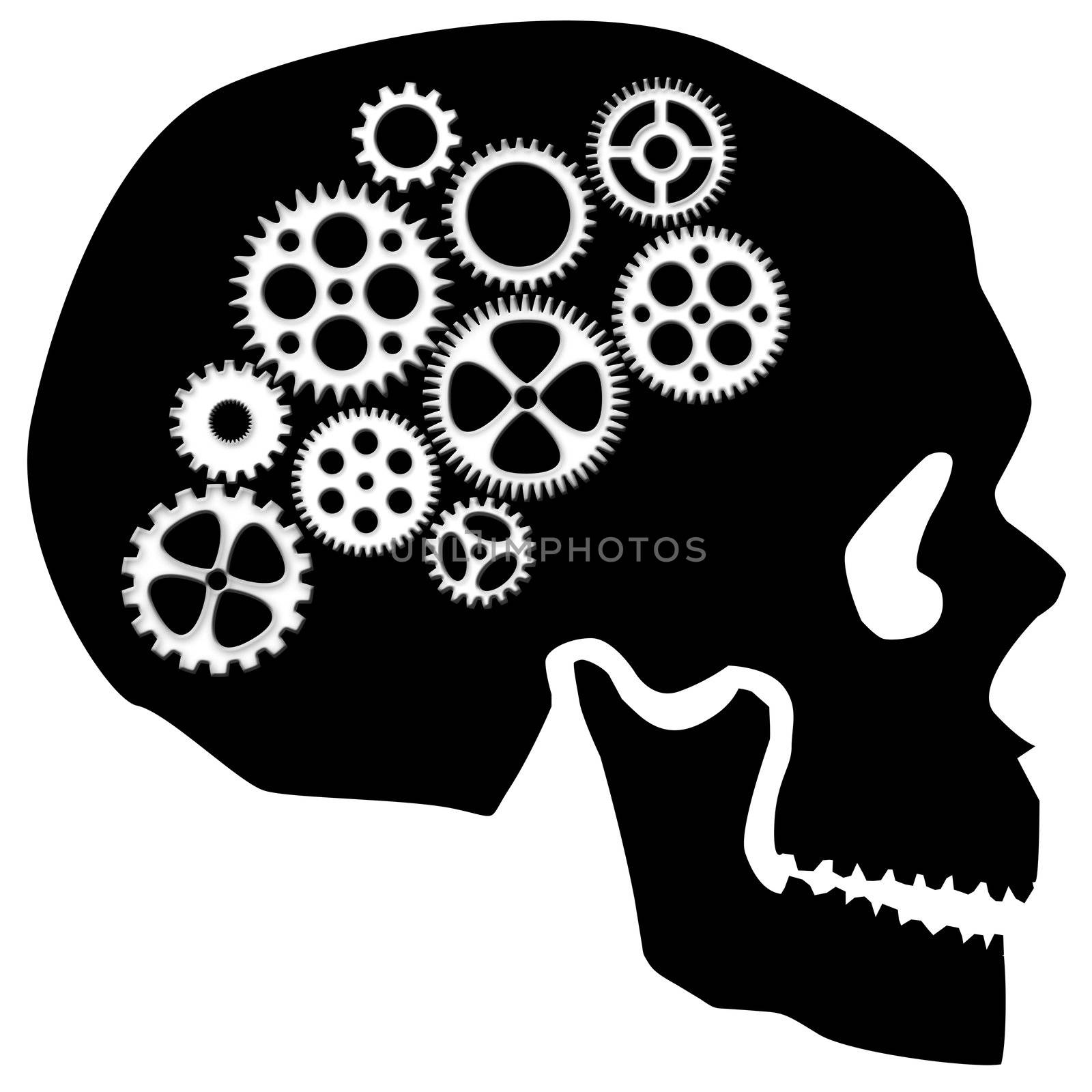 Skull Silhouette with Gears Isolated on White Background Clipart