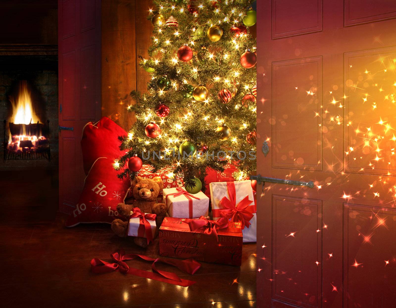 Christmas scene with tree  gifts and fire in background