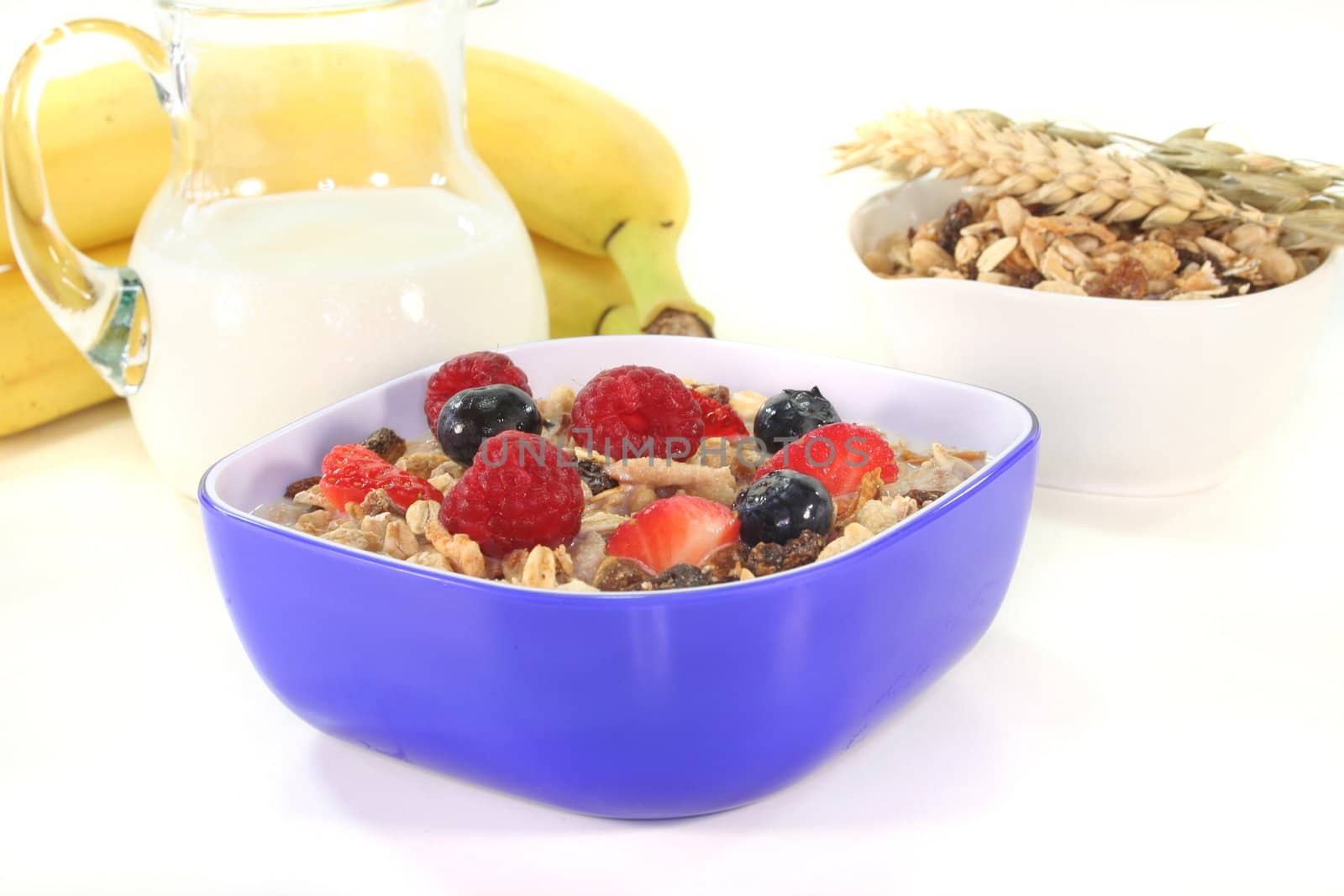 Cereal bowl with milk, fresh fruits and nuts on white background