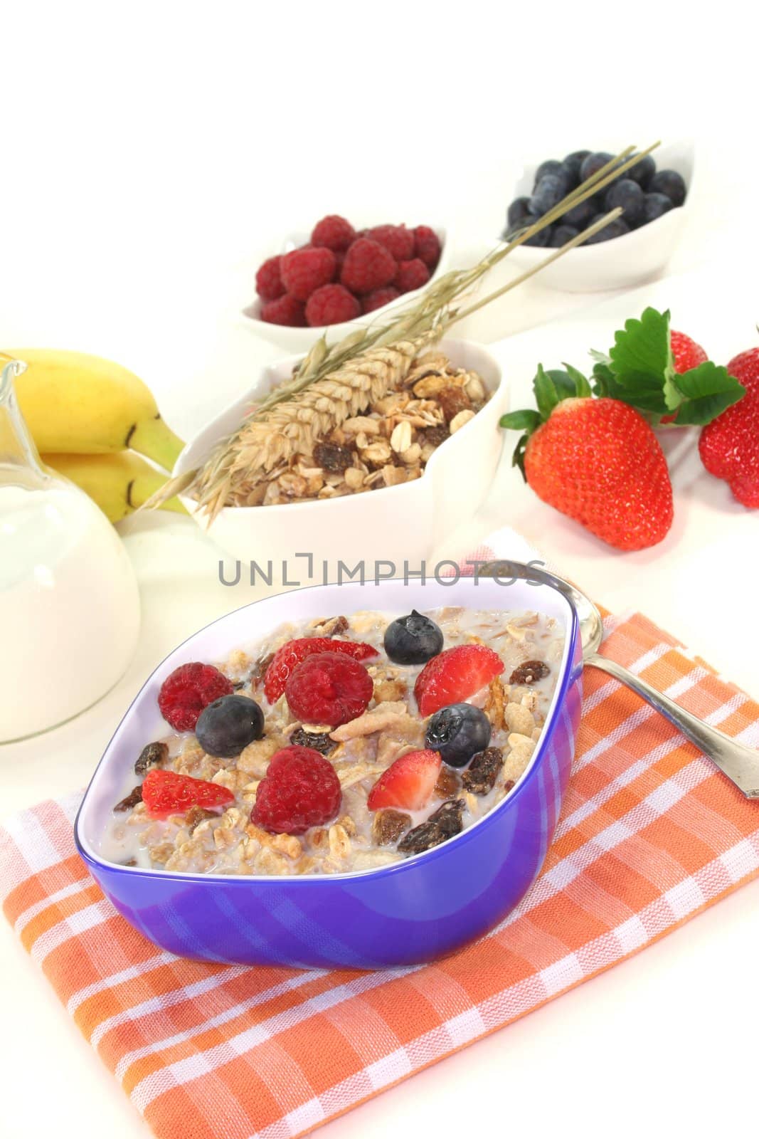 Cereal bowl with milk, fresh fruits and nuts on white background