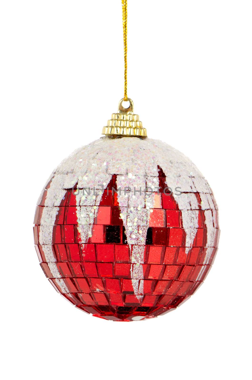 Big red Christmas ball decoration isolated on white background.