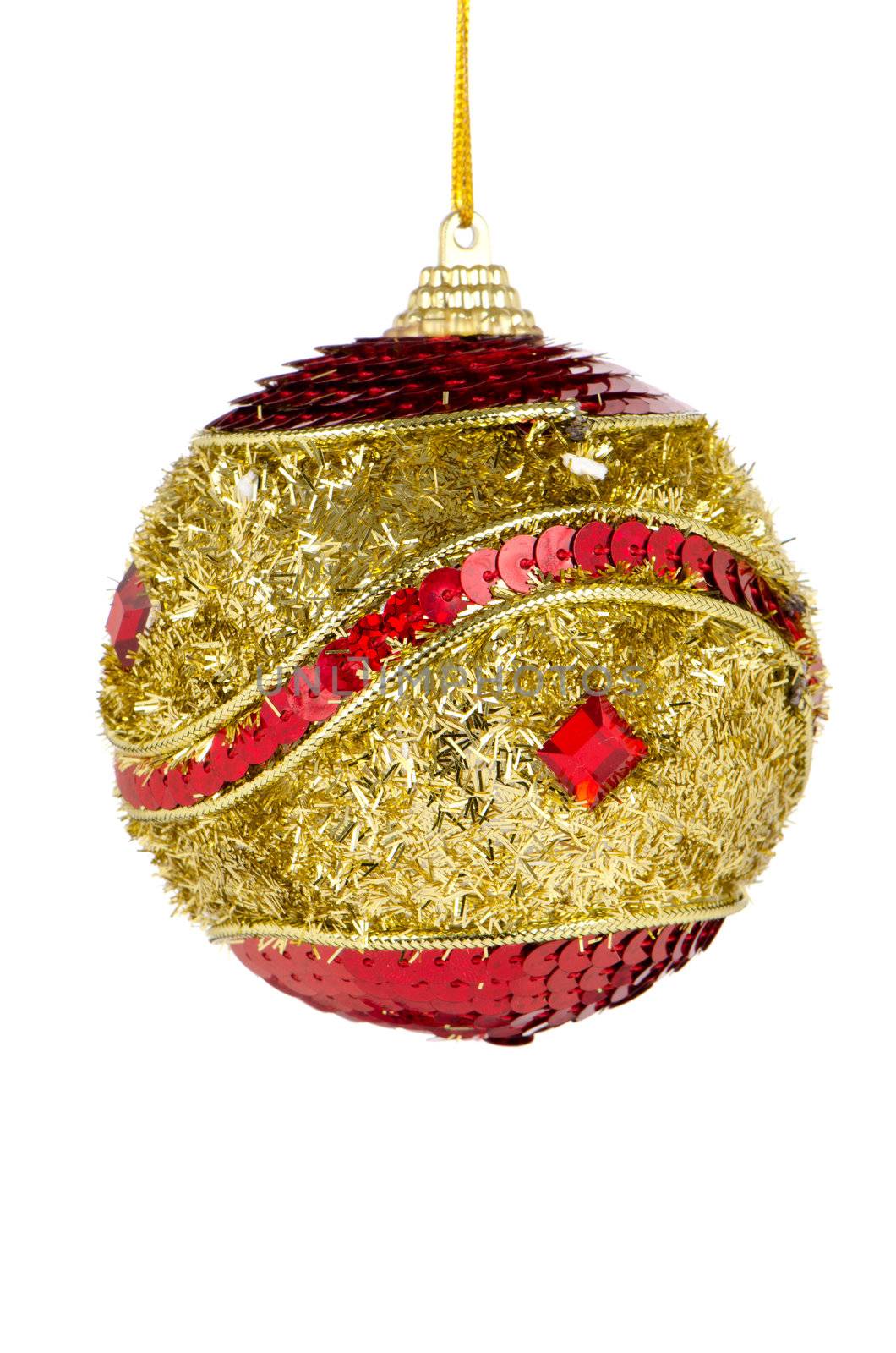 Big golden red Christmas ball decoration isolated on white background.