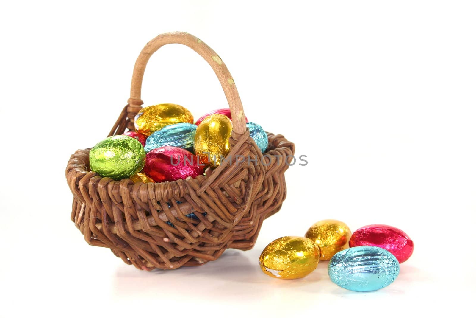 Easter basket with colorful Easter eggs on a white background