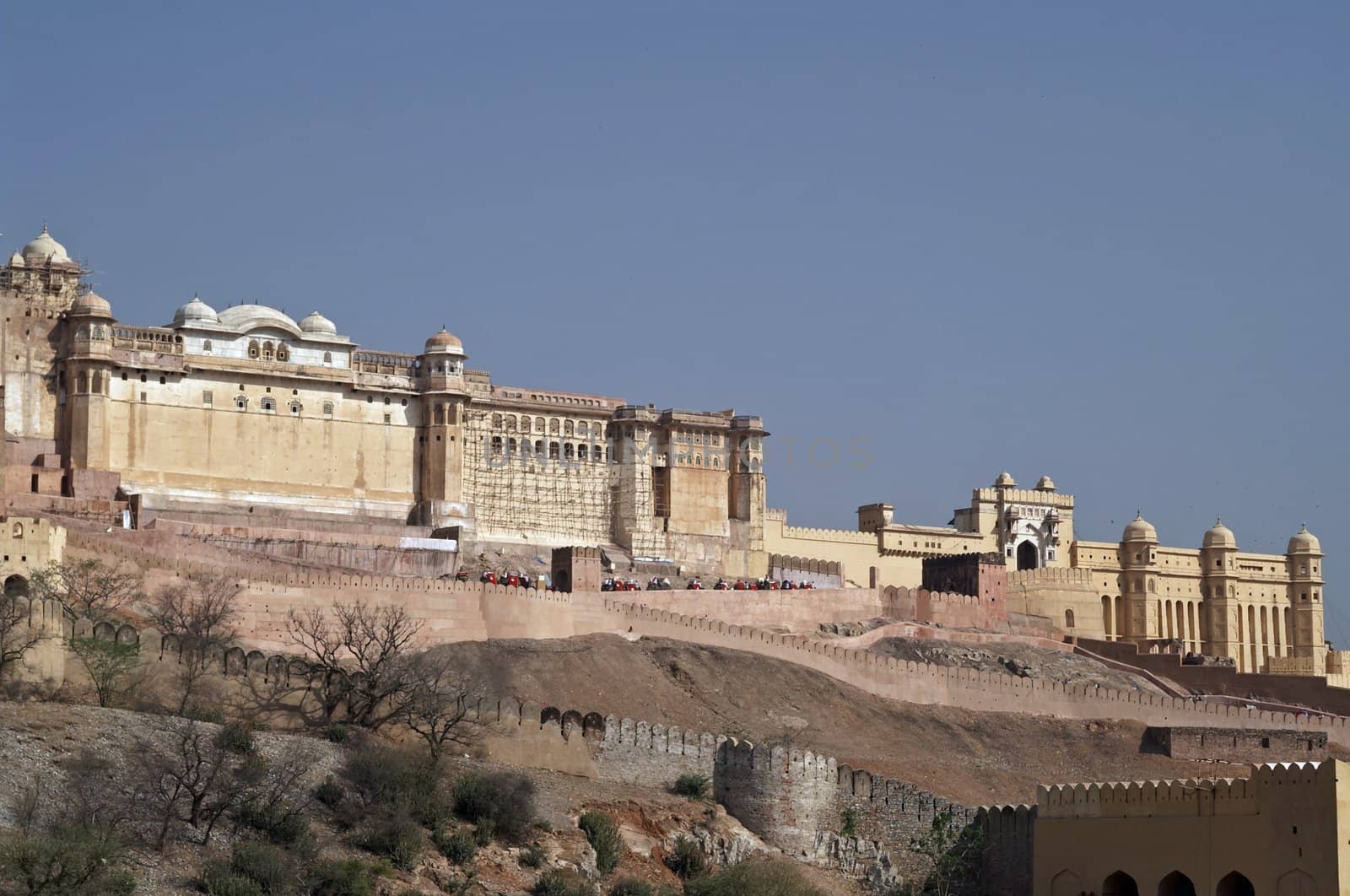 Massive walls and ramparts of Amber Fort near Jaipur, Rajasthan, India