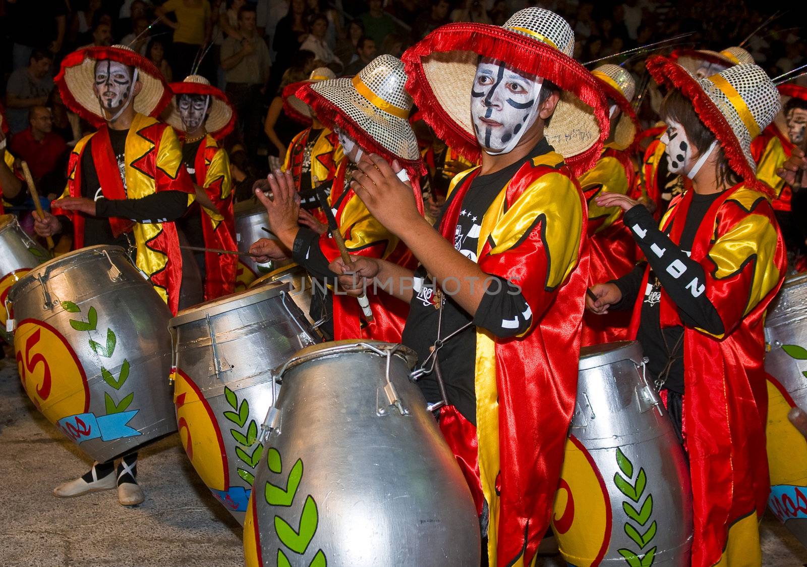 MONTEVIDEO,URUGUAY-FEBRUARY 5 2011: Candombe drummers in the Montevideo annual Carnaval ,  Candombe is a drum-based musical style of Uruguay. Candombe originated among the African population in Montevideo Uruguay