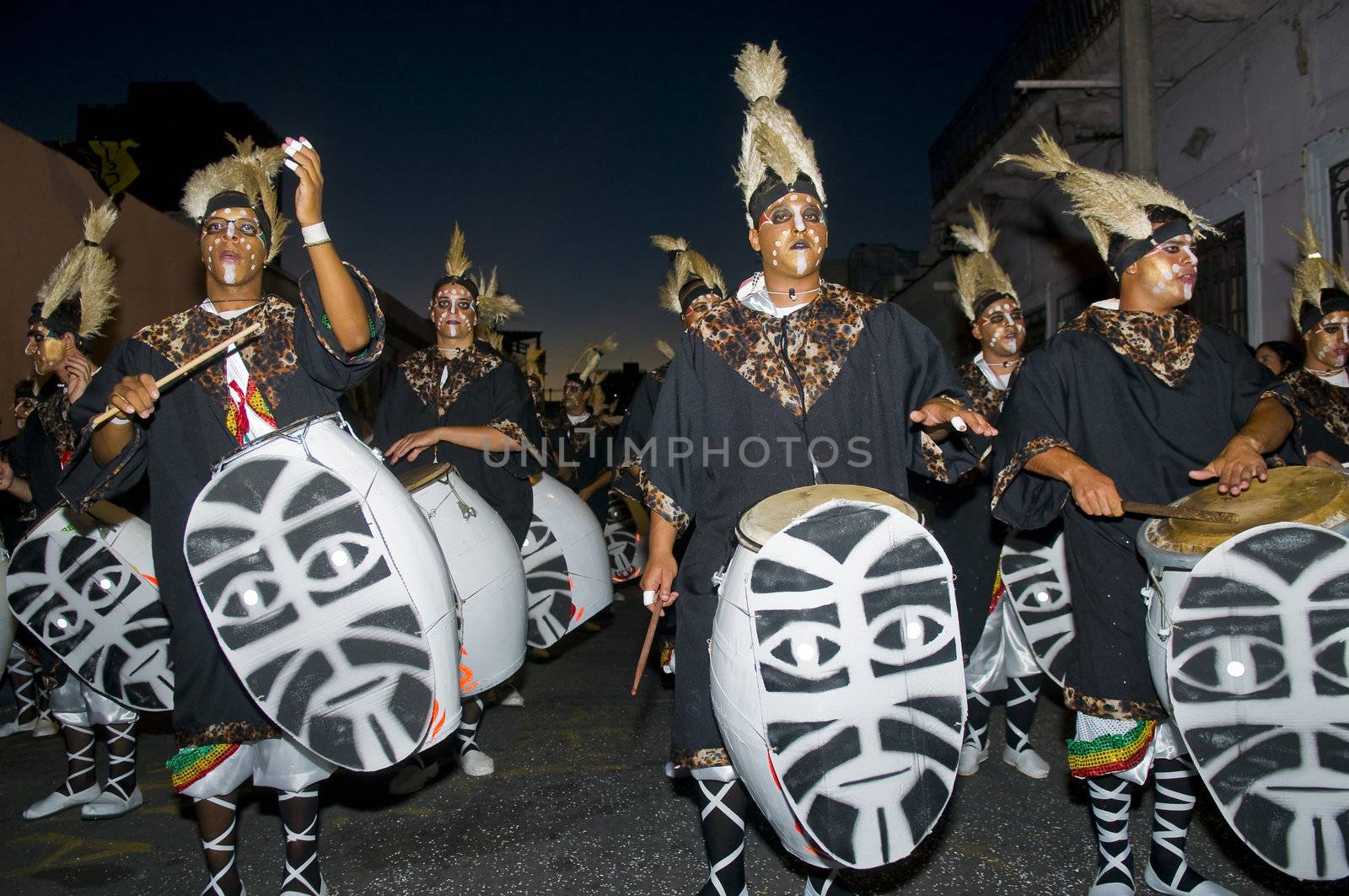 MONTEVIDEO,URUGUAY-FEBRUARY 5 2011: Candombe drummers in the Montevideo annual Carnaval ,  Candombe is a drum-based musical style of Uruguay. Candombe originated among the African population in Montevideo Uruguay