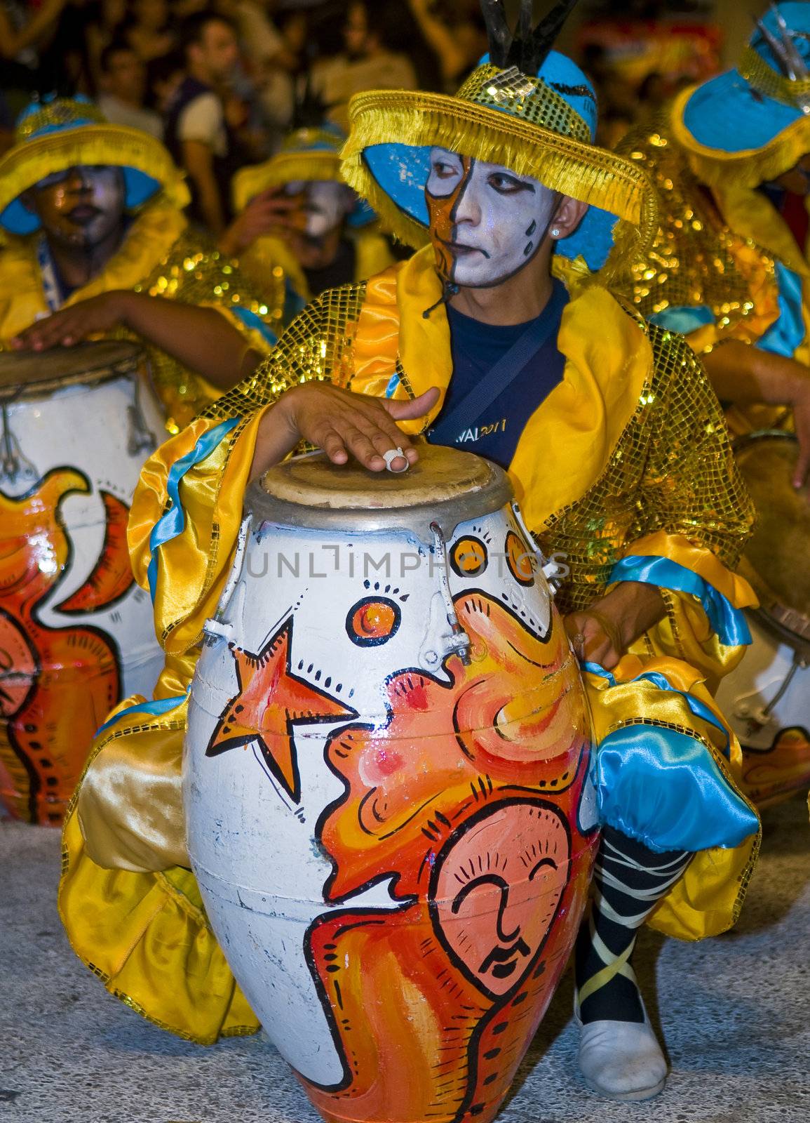 MONTEVIDEO,URUGUAY-FEBRUARY 5 2011: Candombe drummers in the Montevideo annual Carnaval ,  Candombe is a drum-based musical style of Uruguay. Candombe originated among the African population in Montevideo Uruguay