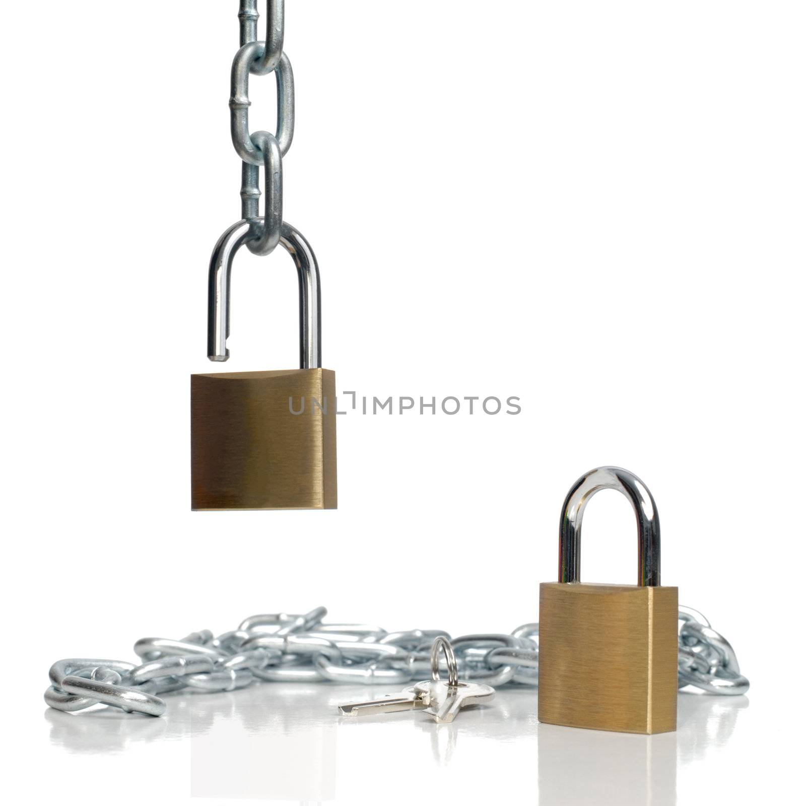 Padlocks and chain isolated on white background.