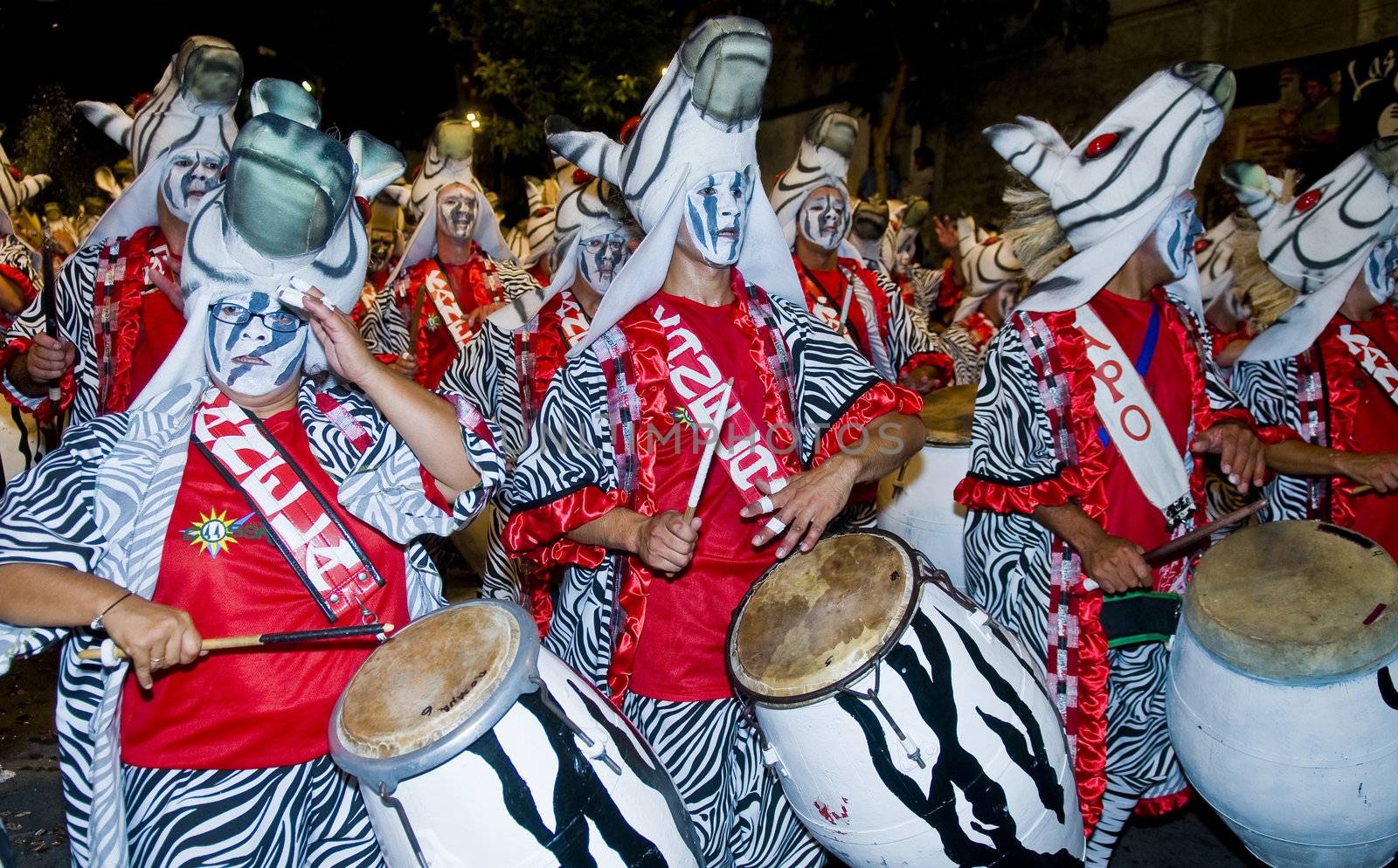 MONTEVIDEO,URUGUAY-FEBRUARY 5 2011: Candombe drummers in the Montevideo annual Carnaval ,  Candombe is a drum-based musical style of Uruguay. Candombe originated among the African population in Montevideo Uruguay