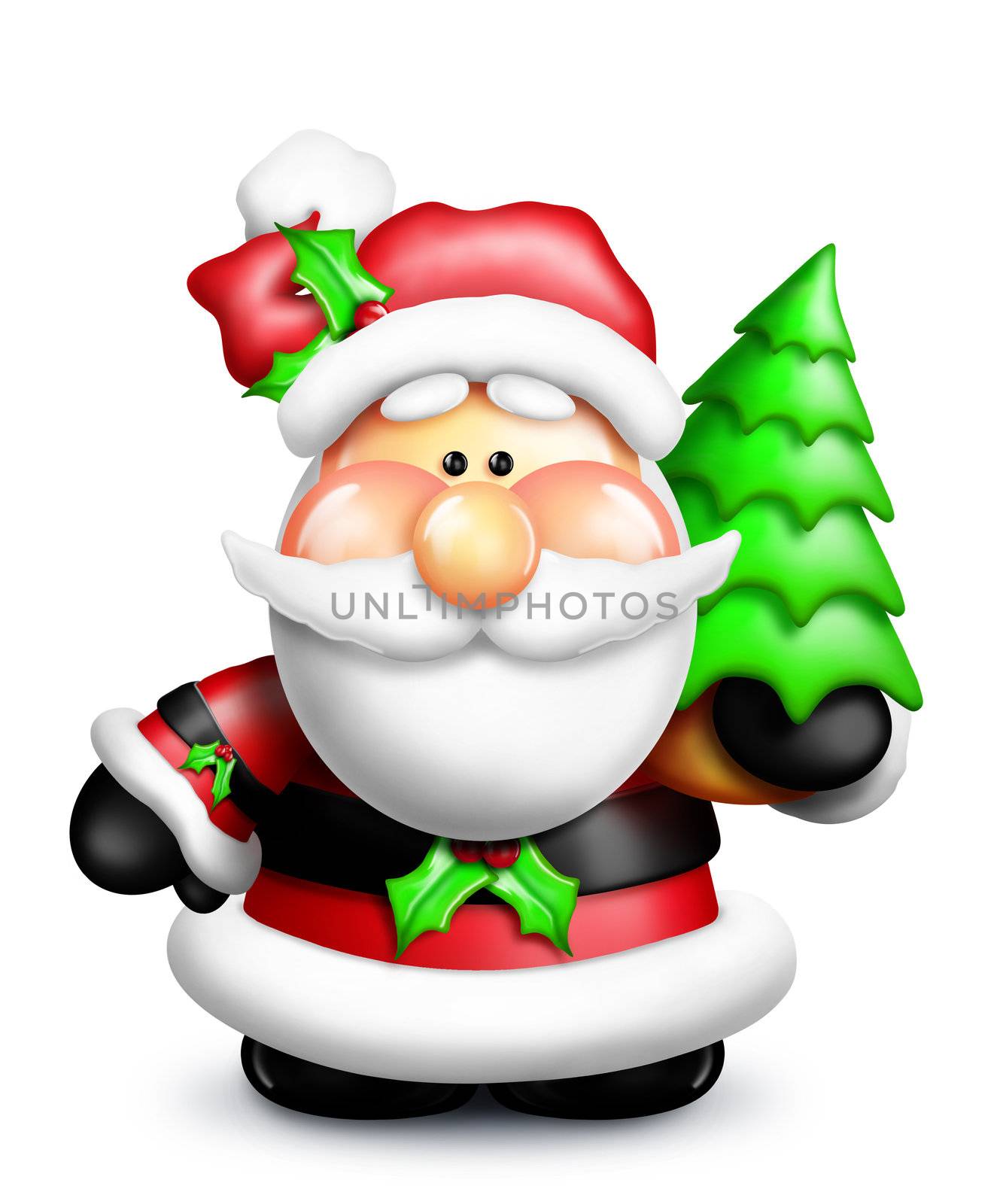 An adorable digitl illustration of a classic Santa Claus holding a Christmas tree.