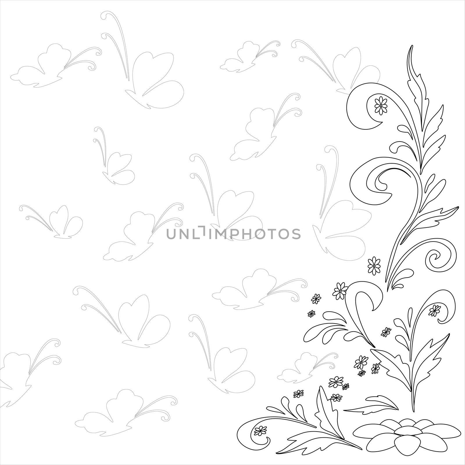 Abstract floral background with flowers and butterflies, contours