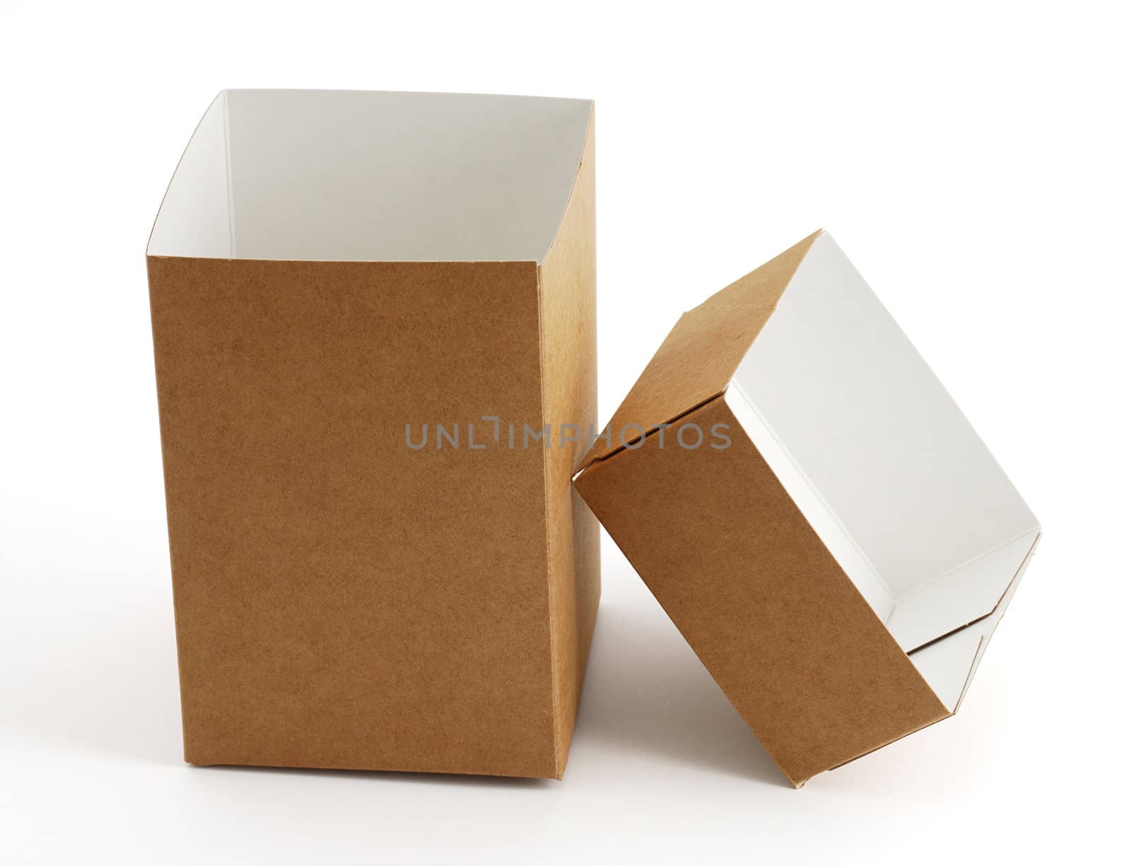 Opened empty brown carton box  with lid on side on white background with shadow