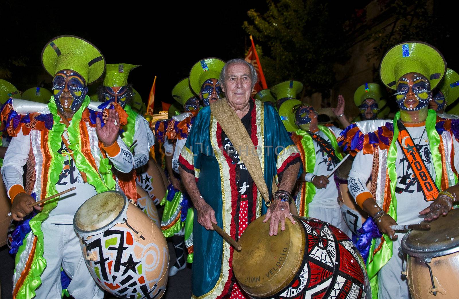 MONTEVIDEO,URUGUAY-FEBRUARY 5 2011: Candombe drummers in the Montevideo annual Carnaval ,  Candombe is a drum-based musical style of Uruguay. Candombe originated among the African population in Montevideo Uruguay