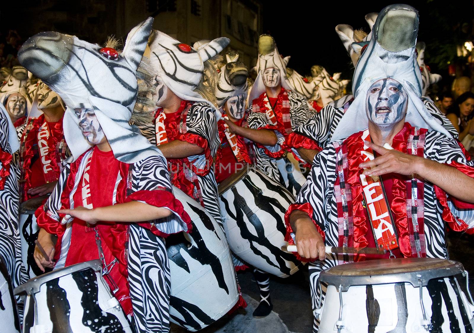 MONTEVIDEO,URUGUAY-FEBRUARY 5 2011: Candombe drummers in the Montevideo annual Carnaval ,  Candombe is a drum-based musical style of Uruguay. Candombe originated among the African population in Montevideo Uruguay