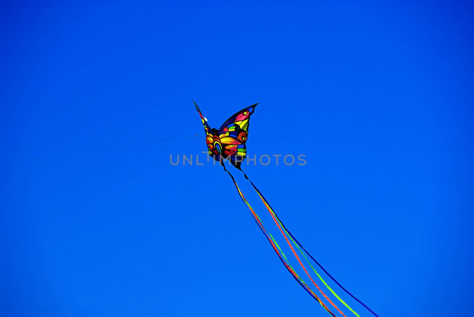 A colorful butterfly kite flying on a clear summer day