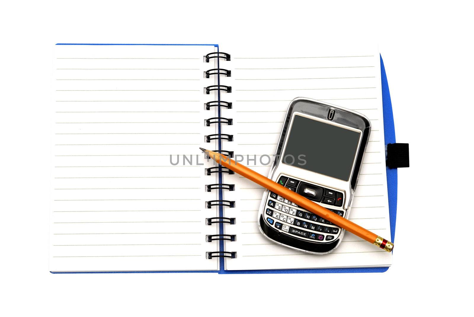 Notebook pencil and eraser isolated on a white background