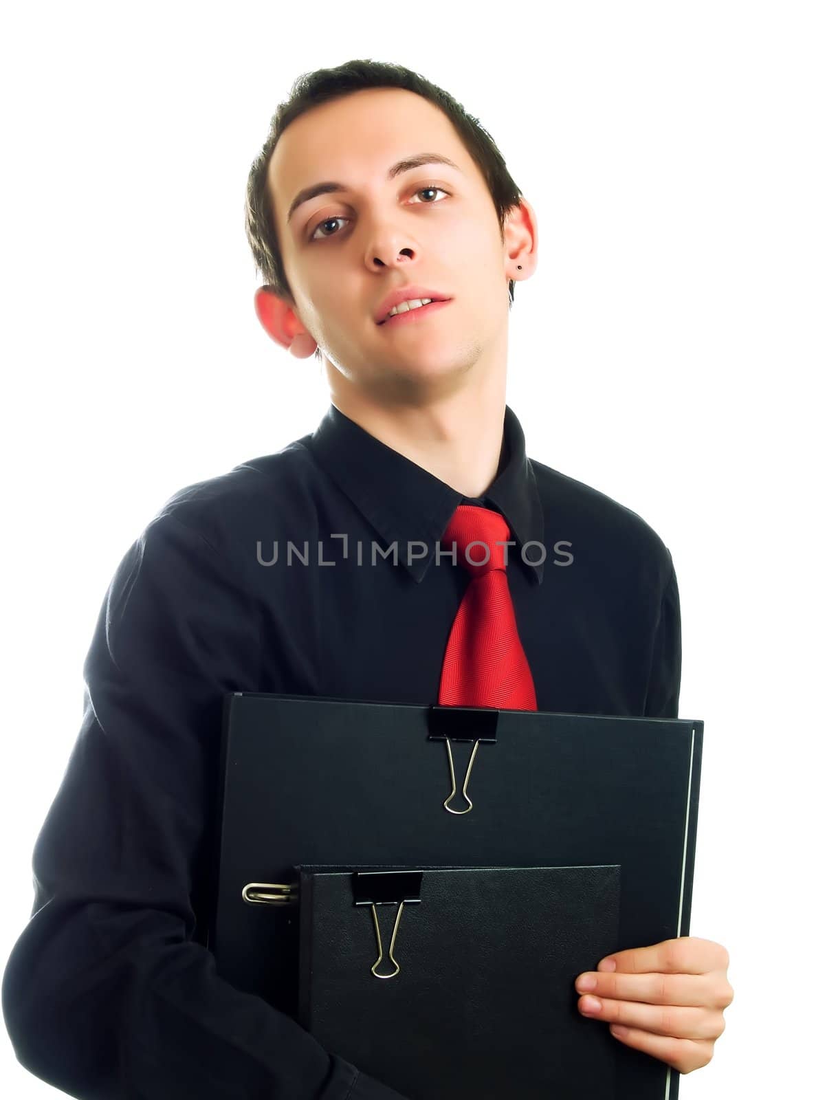 Young businessman smiling, on a white background