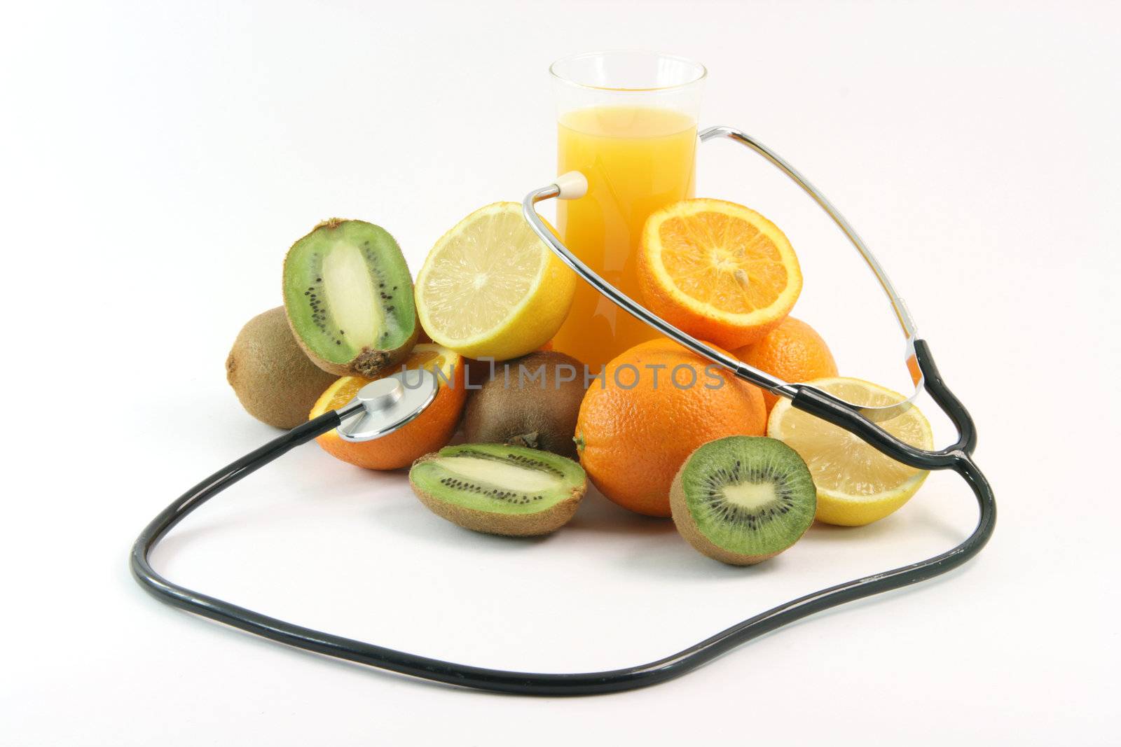 phonedoscope on glass of juice with fruits oranges lemons and kiwi isolated on white background agriculture and healthy eating
