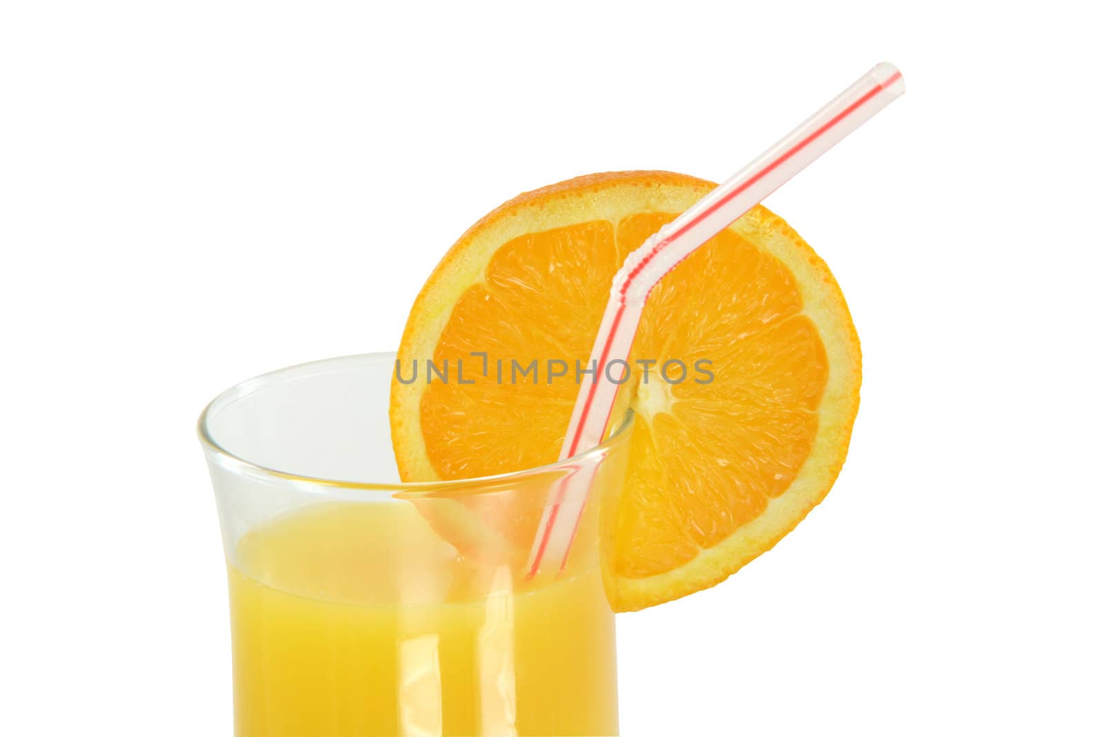detail glass of orange juice with straw and slice of orange with clipping path
