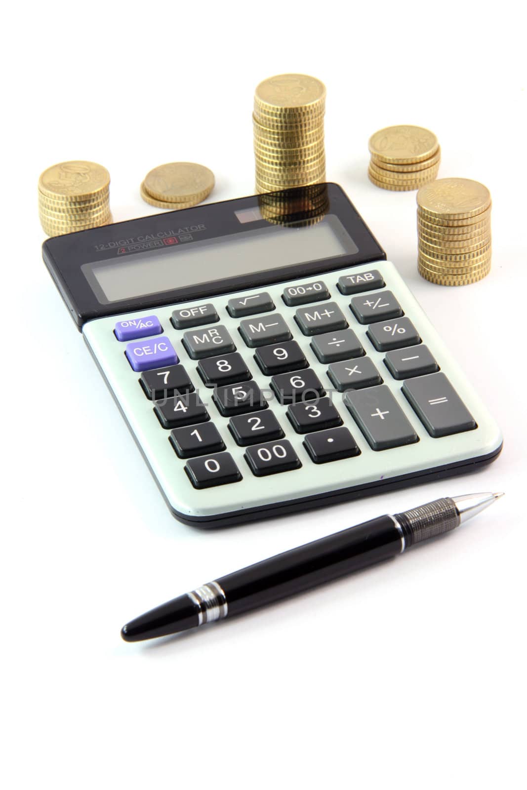 calculator pen and money isolated on white background business and finance concepts