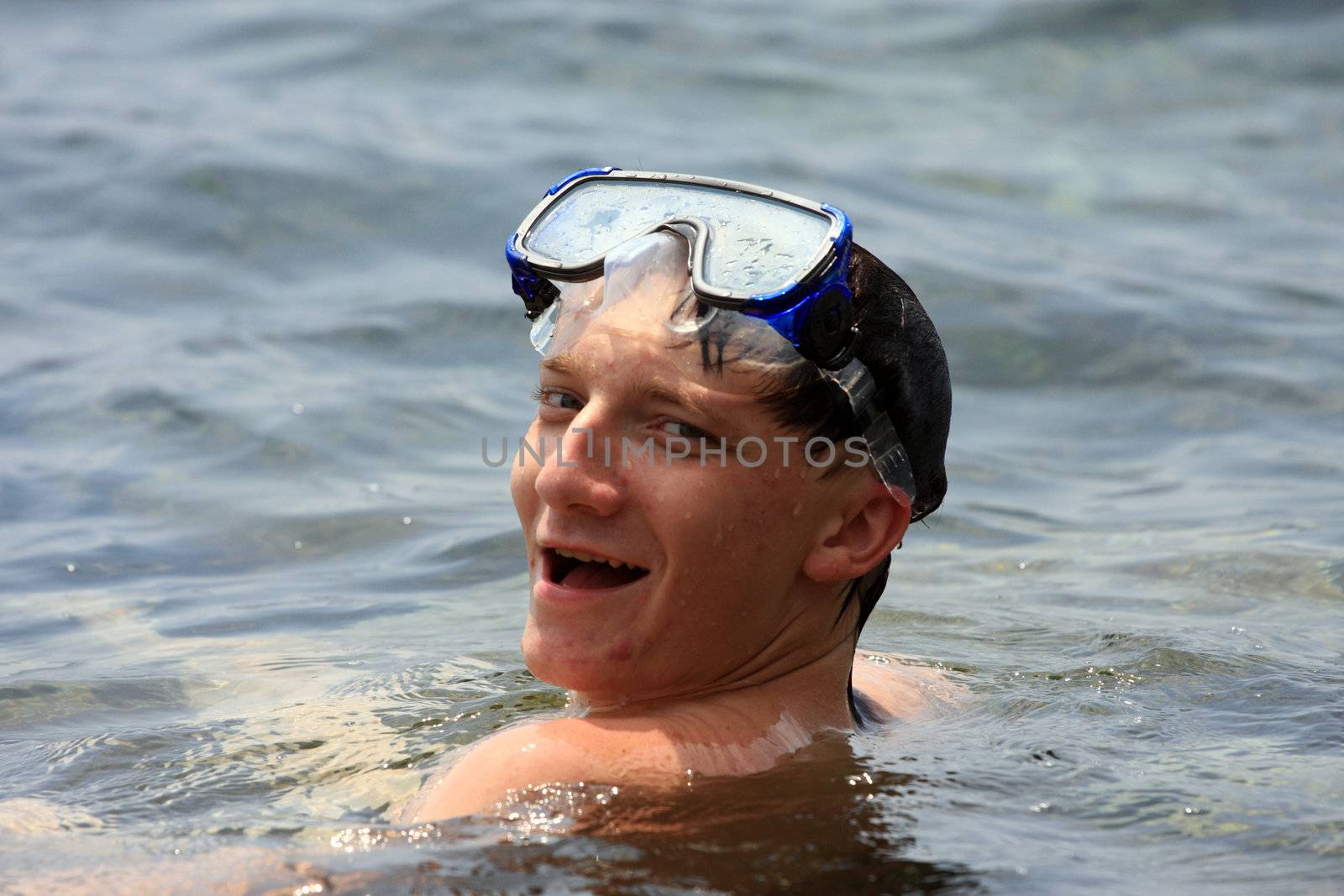 swimmer, young, man, mask, underwater, swimming, water, surface, sea, pleasure, smile, rest, hobby