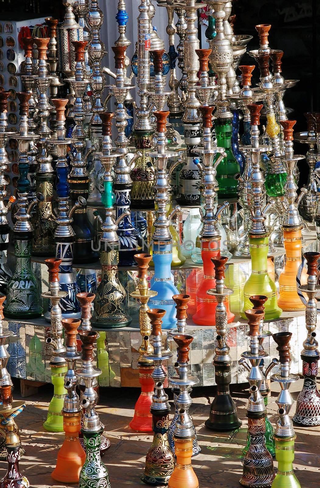 Bunch of waterpipes in Egyptian touristshop