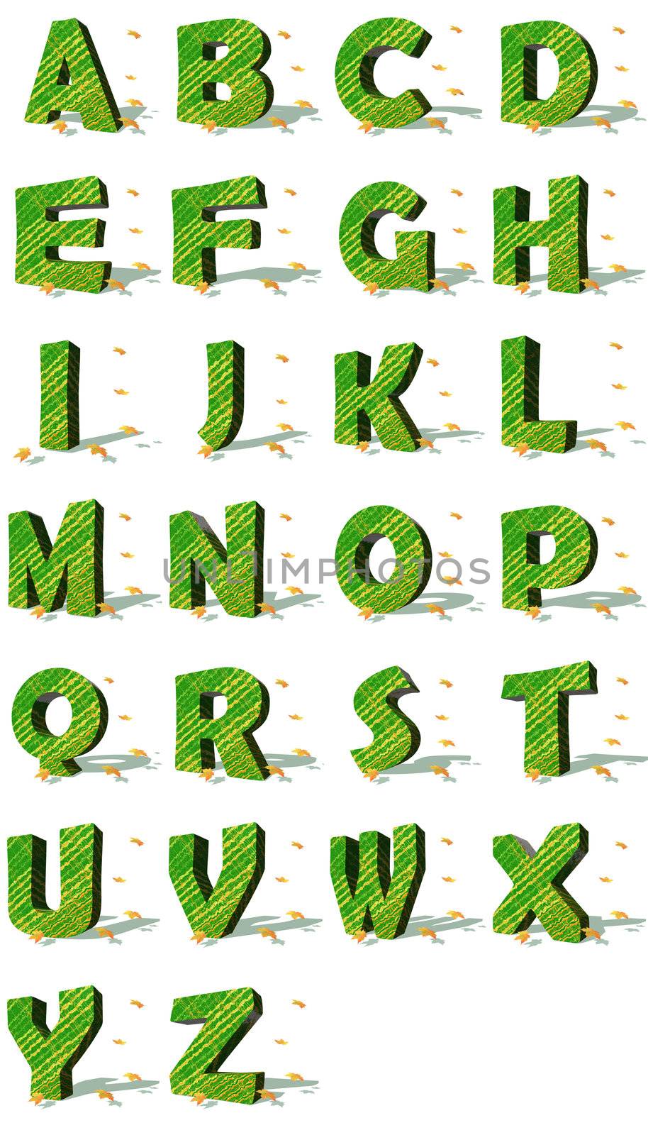 Set of green ecological capital letters surrounded by few autumn falling leaves in a white background with shadows