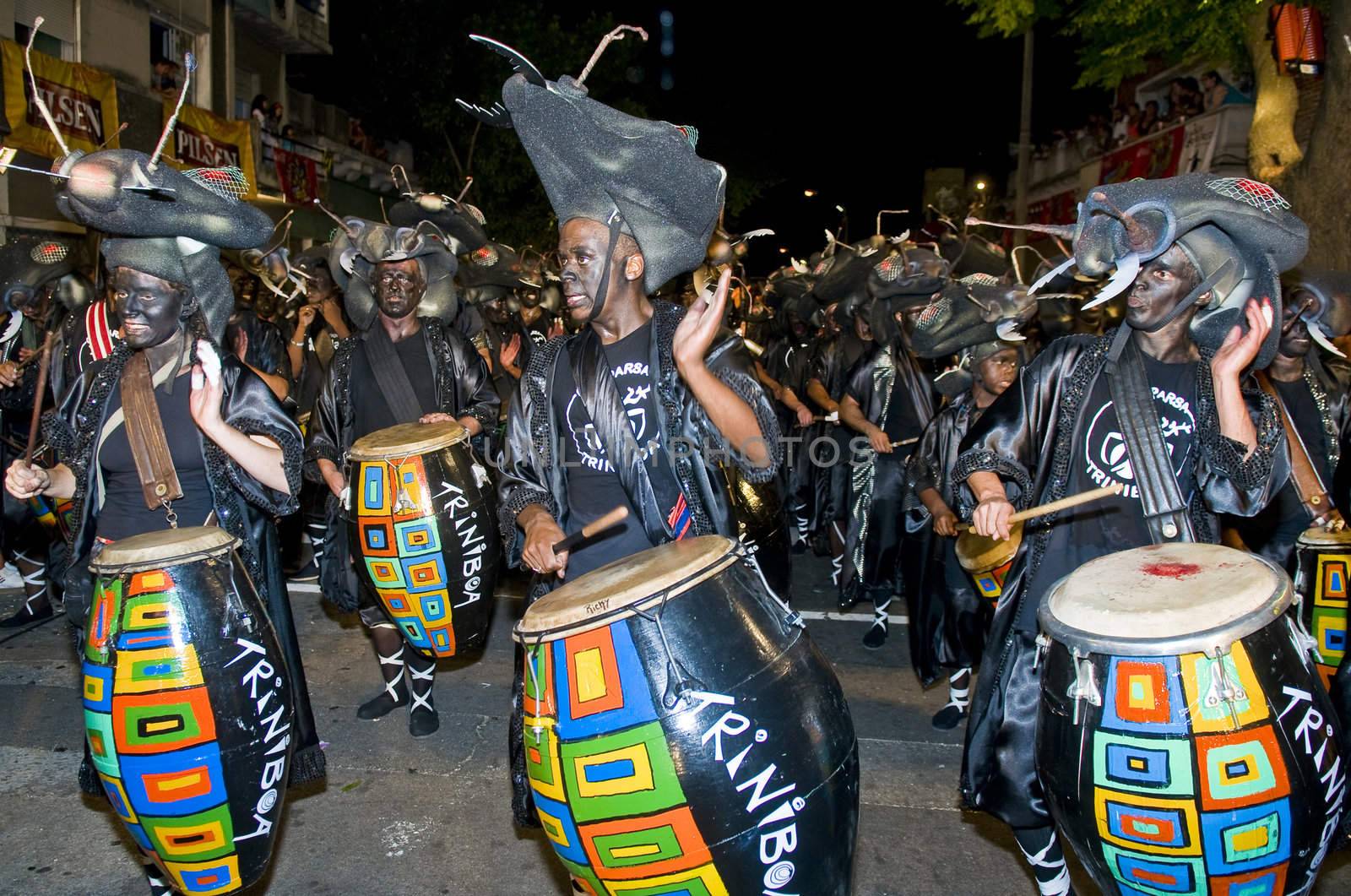 MONTEVIDEO,URUGUAY-FEBRUARY 5 2011: Candombe drummers in the Montevideo annual Carnaval ,  Candombe is a drum-based musical style of Uruguay. Candombe originated among the African population in Montevideo Uruguay