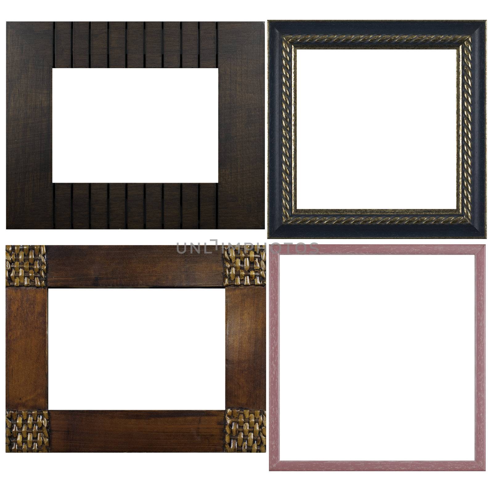 Four antique picture frames isolated on white background.