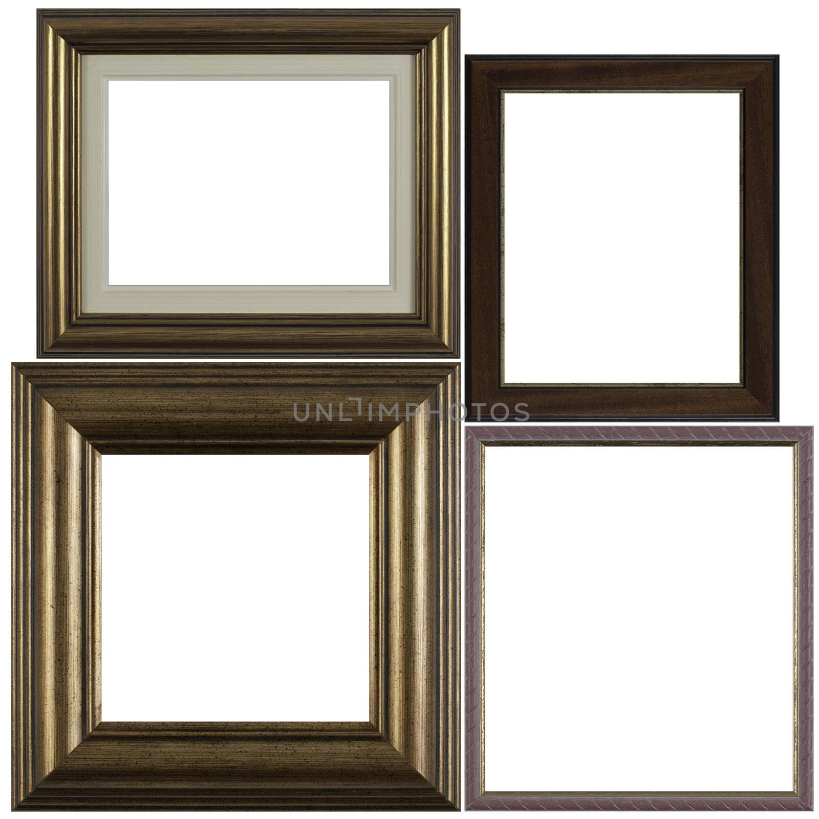 Four antique picture frames isolated on white background.