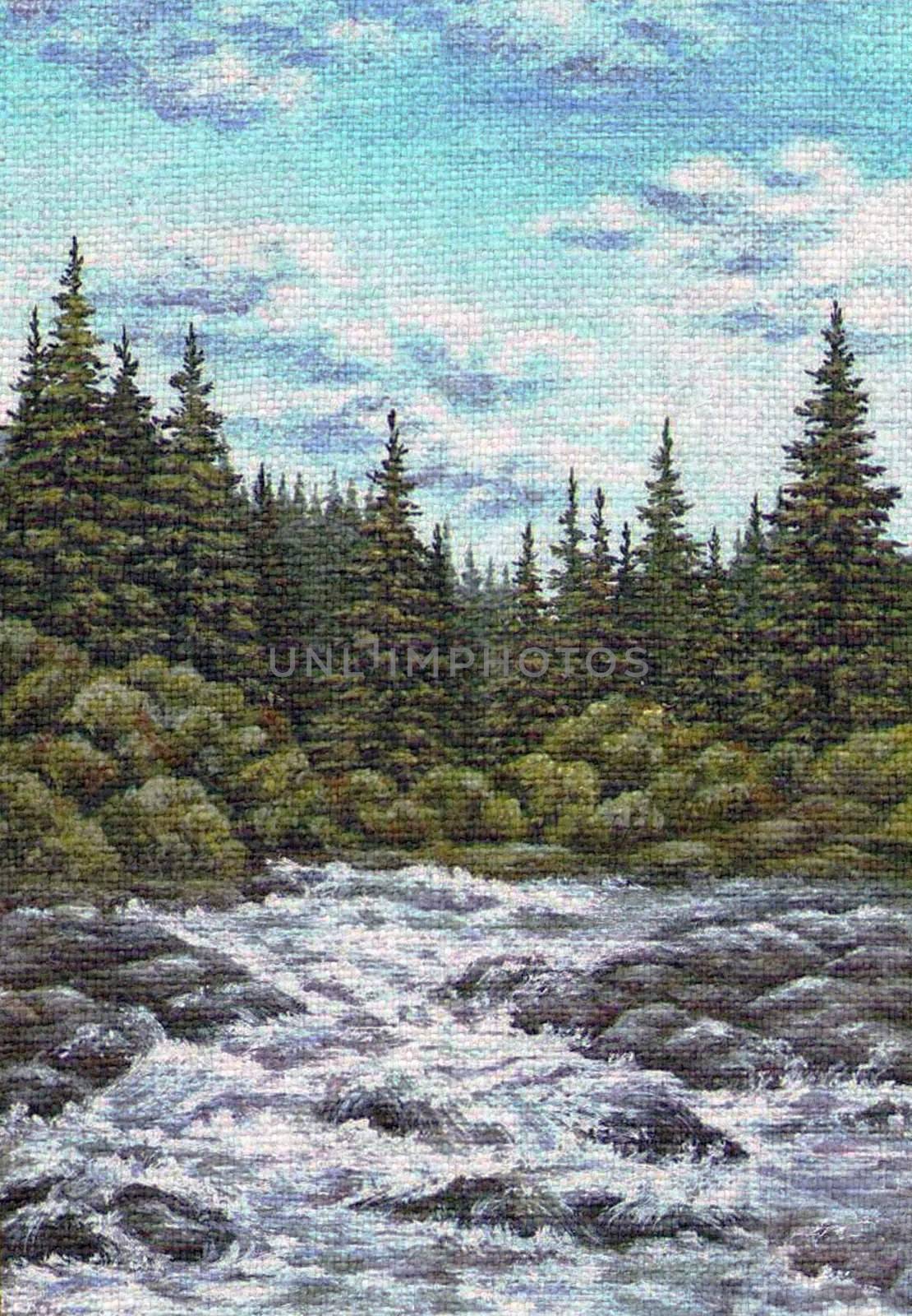 Landscape, mountain river. Altai, Russia. Picture oil paints on a canvas