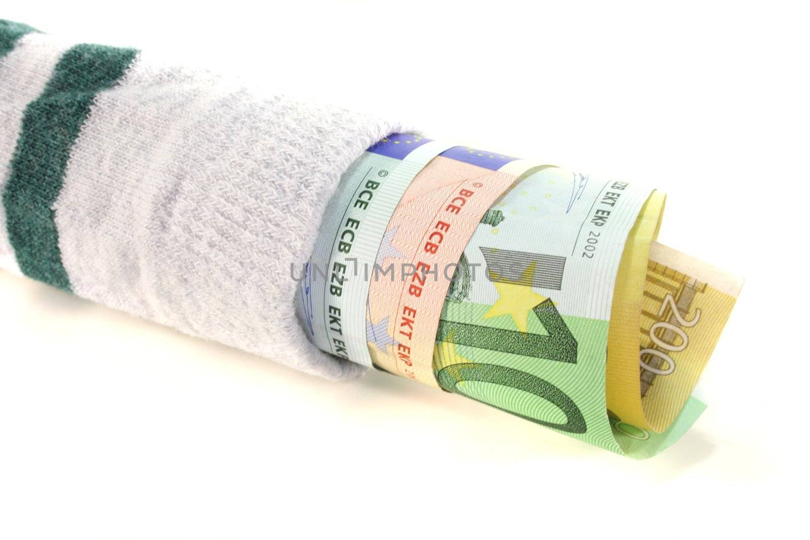 Striped money sock with many euro notes on a white background