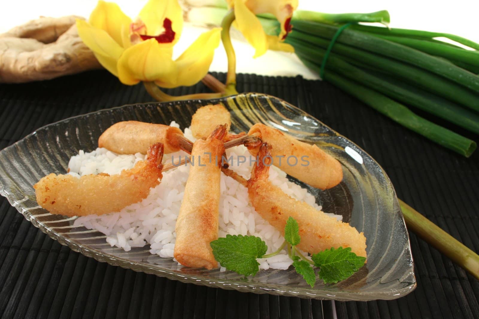 Thai prawns specialties wrapped in filo pastry with surimi, shrimp and vegetables