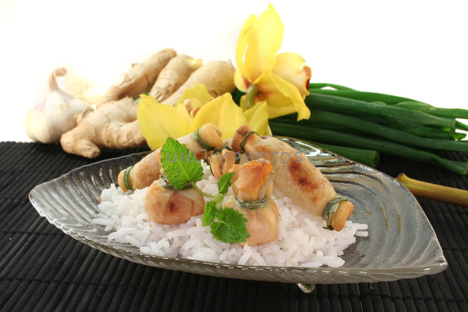 Thai prawns specialties wrapped in filo pastry with surimi, shrimp and vegetables