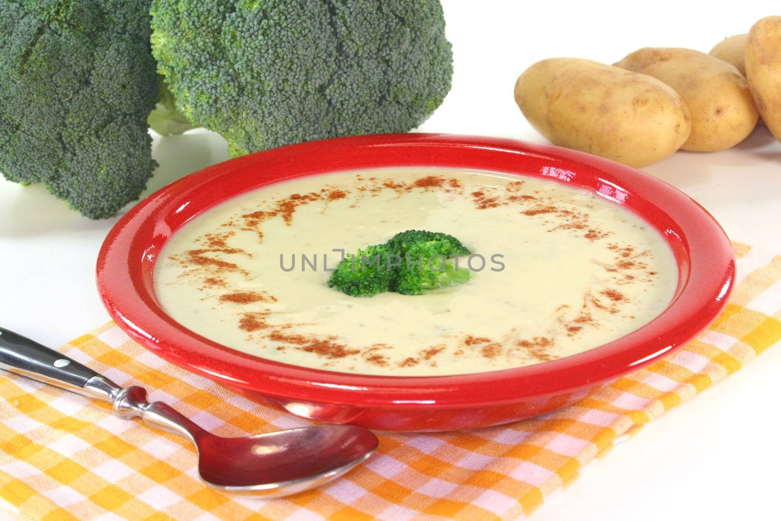 a plate of broccoli cream soup with fresh vegetables
