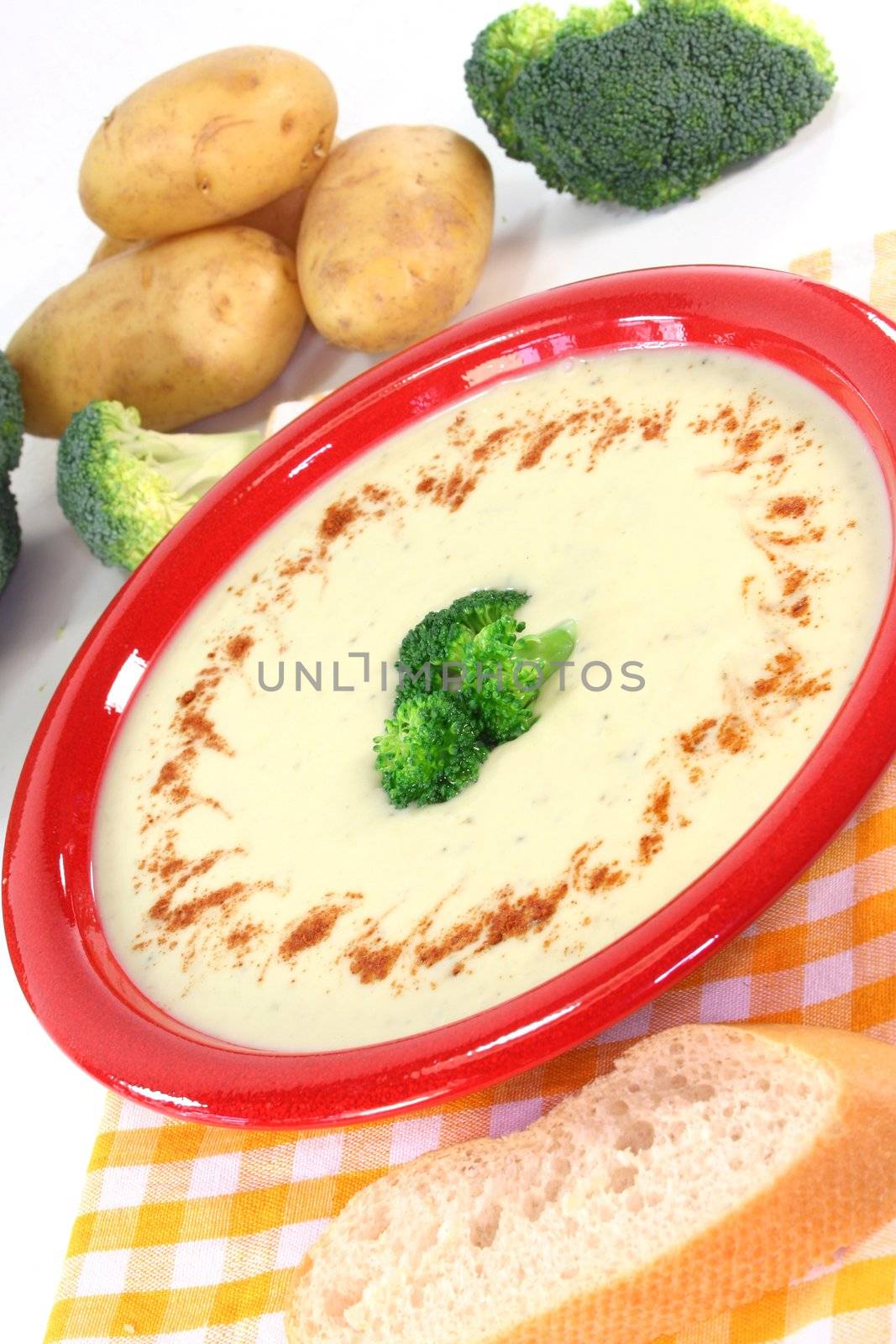a plate of broccoli cream soup with fresh vegetables
