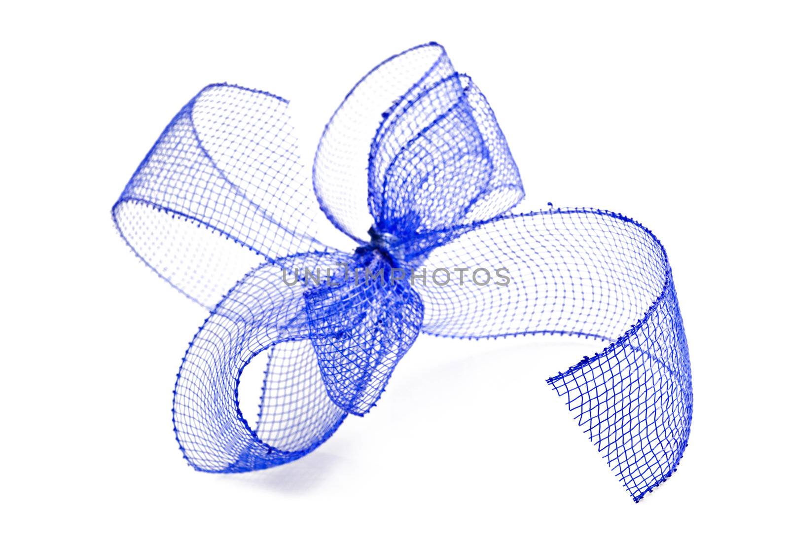 Blue ribbon bow on a white background with space for text