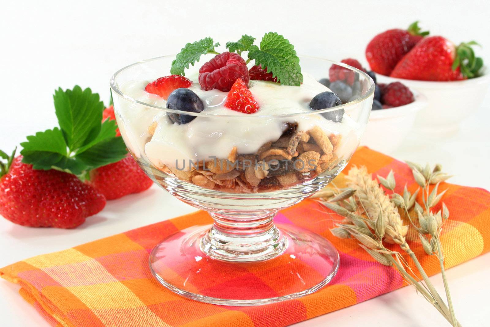 a bowl of fruit muesli with yogurt and lemon balm