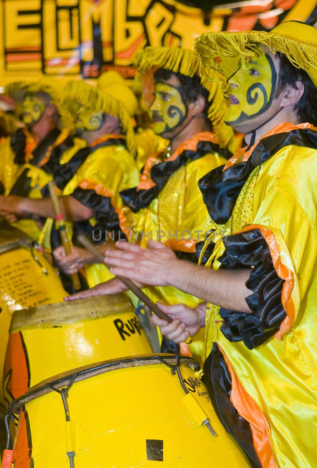 MONTEVIDEO,URUGUAY-FEBRUARY 5 2011: Candombe drummers in the Montevideo annual Carnaval ,  Candombe is a drum-based musical style of Uruguay. Candombe originated among the African population in Montevideo Uruguay