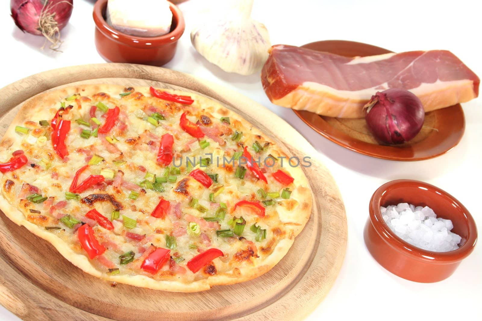 tarte flambee with bacon, green onions and red pepper
