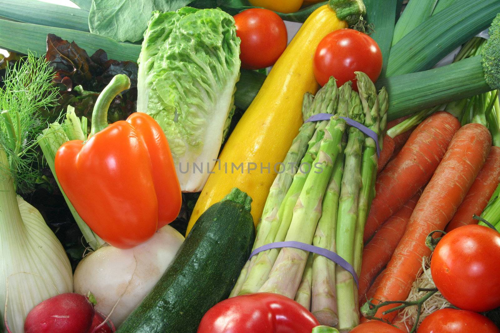 many fresh, different types of vegetables stacked in a pile