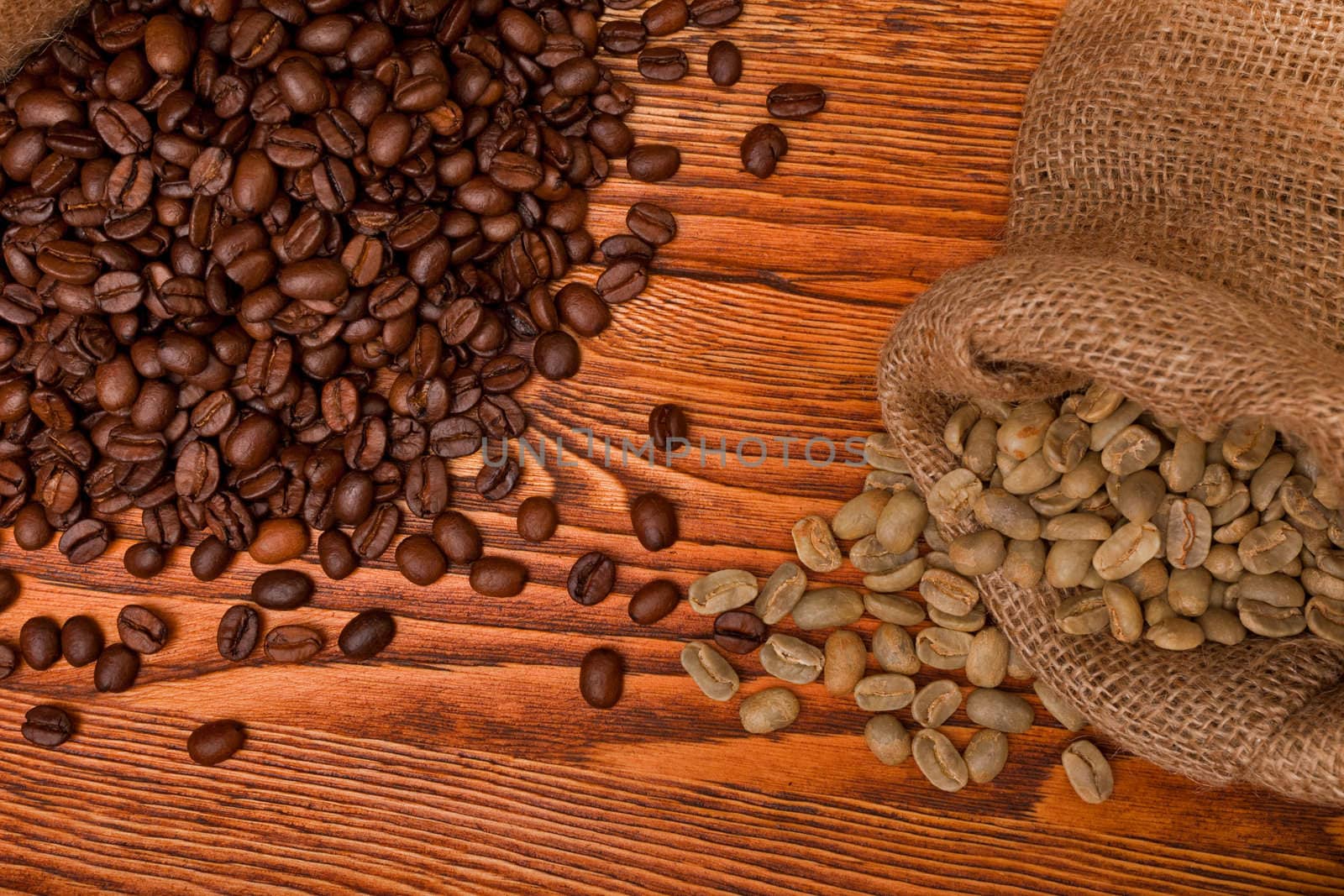 Studio photo of sack with scattered coffee