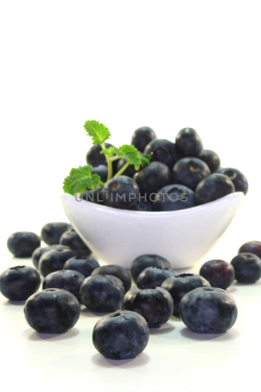 Blueberries in a small bowl on a white background
