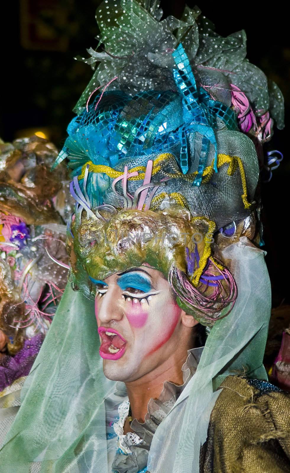MONTEVIDEO, URUGUAY - JANUARY 27 2011 : A costumed carnaval participant in the annual national festival of Uruguay ,held in Montevideo Uruguay on January 27 2011 
