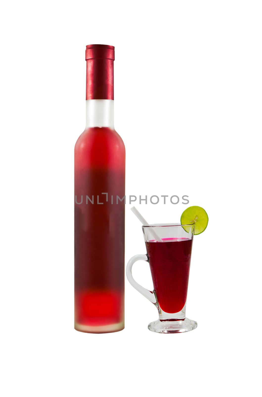 Red wine bottles and wine glass isolated on white.