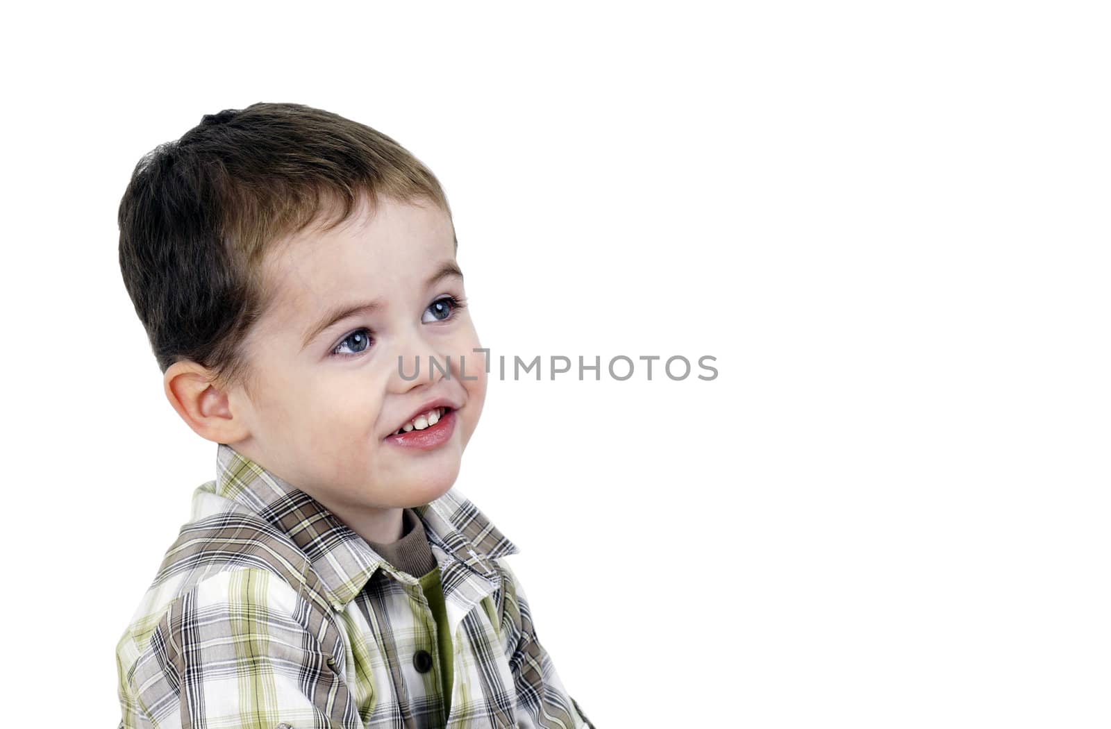 Studio shot of a very cute little boy toddler looking up isolated on white.